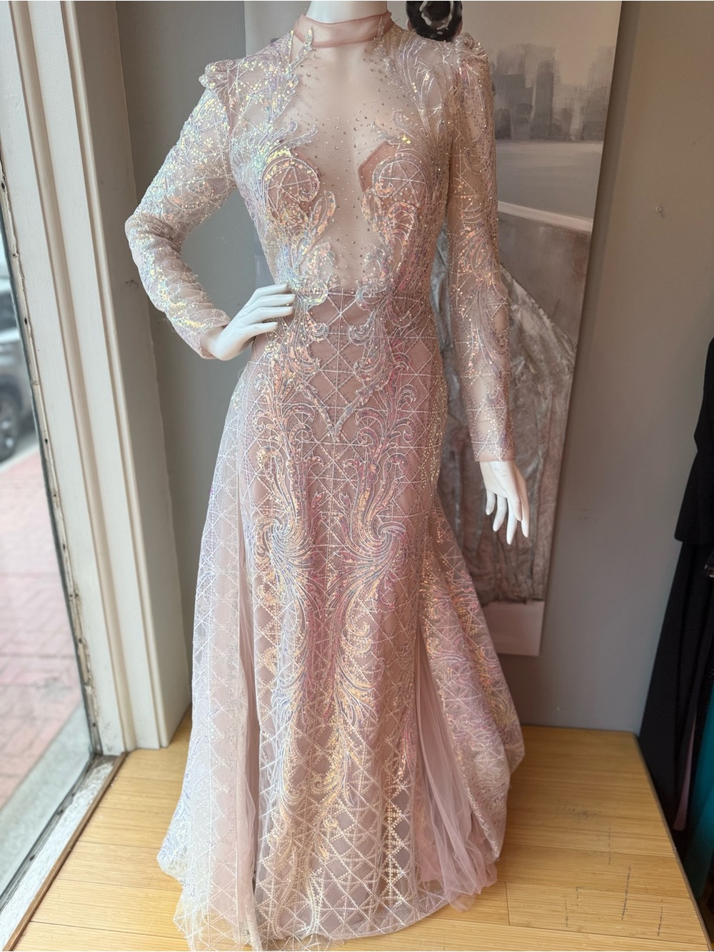 Portia and Scarlett Blush Pink Long Sleeve Embellished Gown
